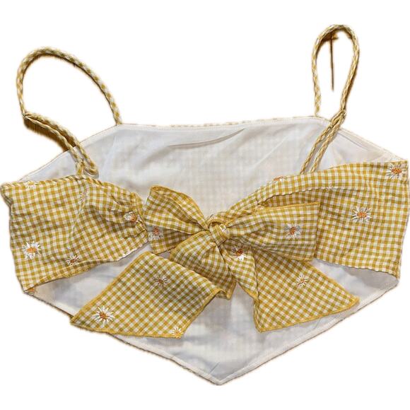 NWT Kirious LA Yellow Gingham Crop Top size L Floral Embroidery Spaghetti Straps - Picture 2 of 4